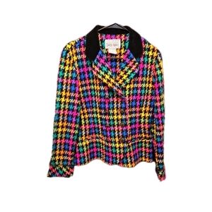 Vintage 80s Neon Houndstooth Double-Breasted Tweed Blazer Retro Small Petite